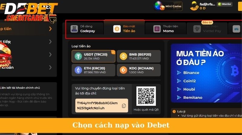 Chọn cách nạp vào Debet